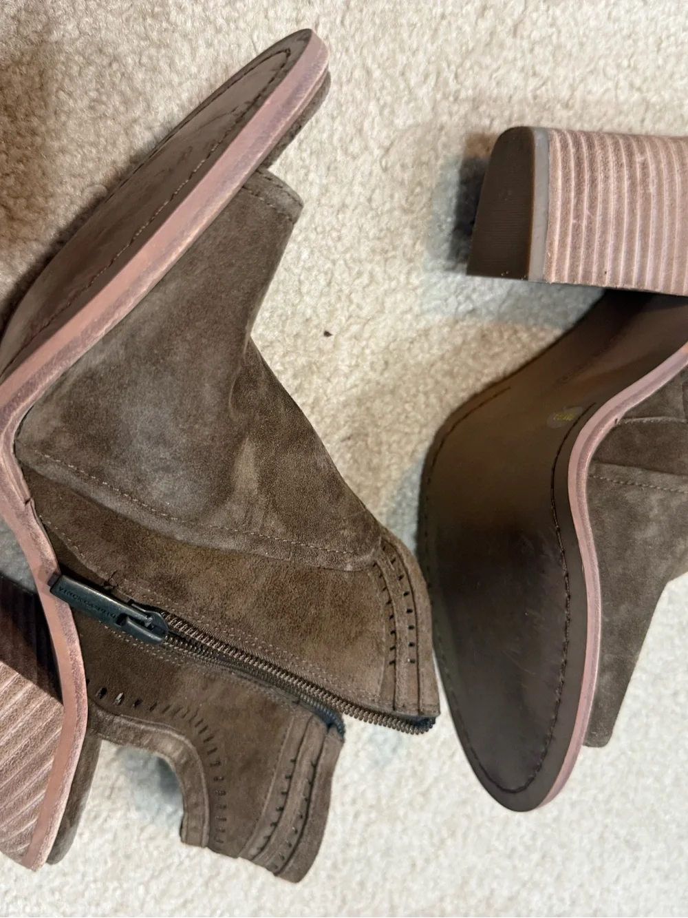 Vince Camuto Taupe Brown Suede Ankle Booties with Stacked Heel